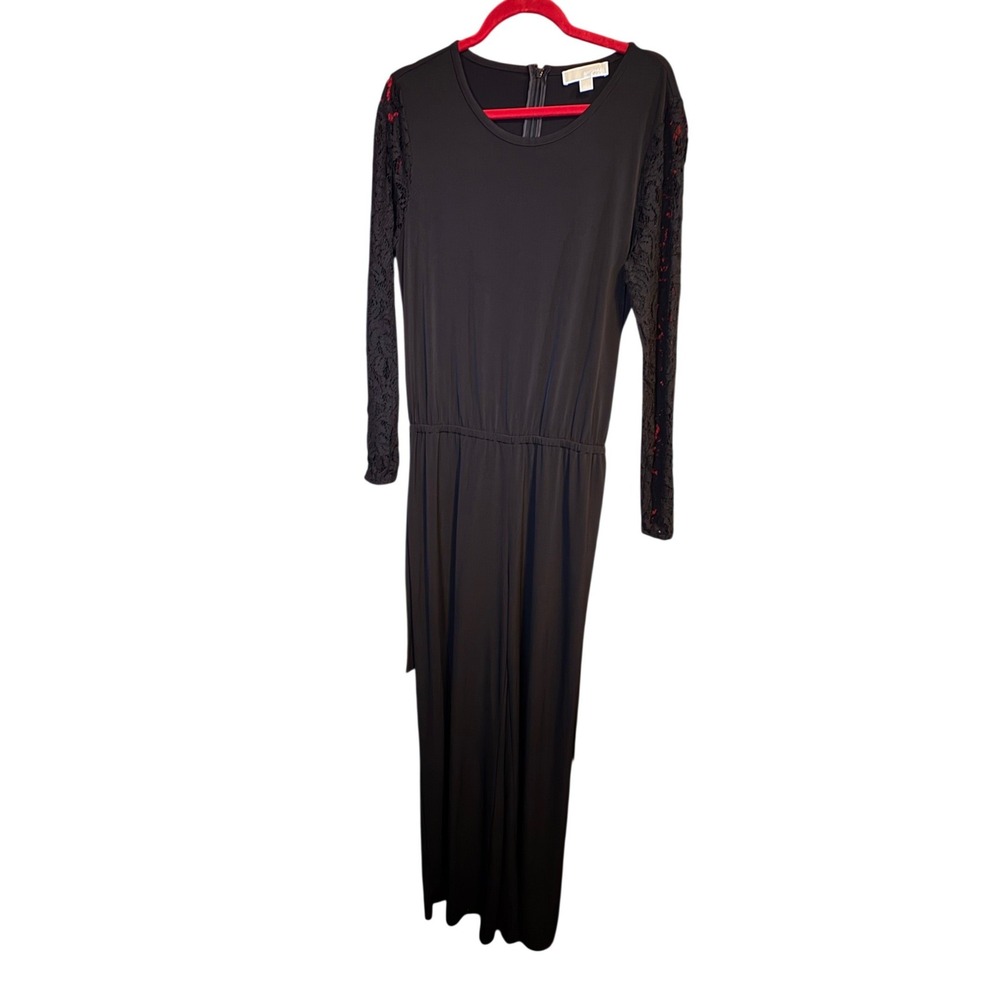 Michael Kors Womens Black Long Lace Sleeve Belted Jumpsuit Size L Crew Neck